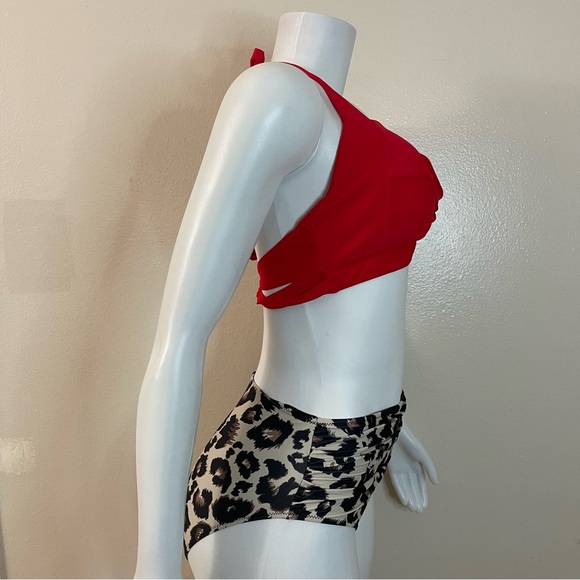 Red swimwear top leopard print bikini bottom two piece set - Picture 3 of 11